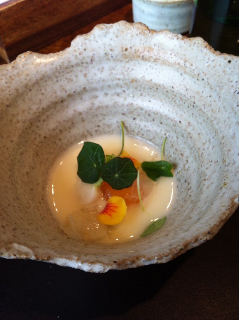 White turnip, maran egg, nasturtium leaves